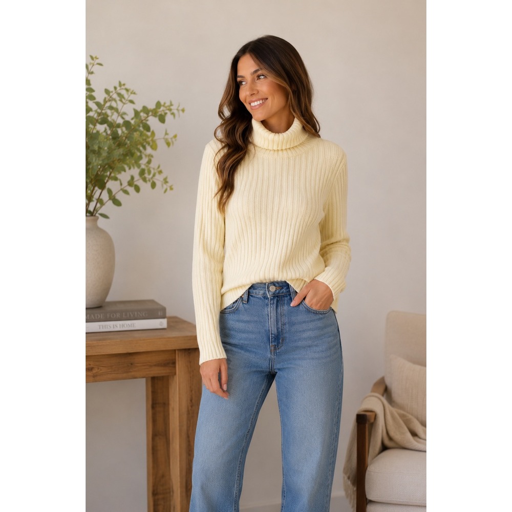 Eileen Fisher Petite‎ Pale Yellow 100% Wool Ribbed Turtleneck Sweater sz SP